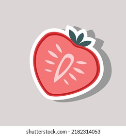 Sliced strawberry sticker with white contour. Summer fruit vector icon