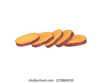 Sliced sweet potatoes with brown peel. Natural food. Cooking ingredient. Vegetarian nutrition. Flat vector icon