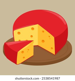 Sliced Swiss cheese wheel. Emmental or gouda cheese. Piece cut out of yellow cheese head with red wax. Dairy product, cheese sliced in pieces. Vector illustration