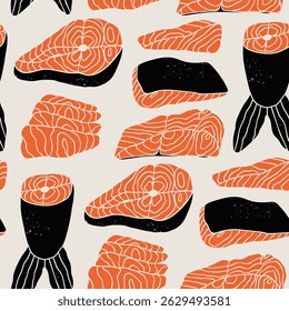 Salmão fresco saboroso fatiado. Filete cru na pele, pedaços de peixe vermelho, fatias de sashimi, bife, cauda. Desenhado à mão na moda ilustração Vetor. Estilo moderno exclusivo. Conceito de comida saudável. Padrão sem emenda quadrado
