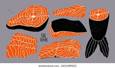 Salmão fresco saboroso fatiado. Filete cru na pele, pedaços de peixe vermelho, fatias de sashimi, bife, cauda. Desenhado à mão na moda ilustração Vetor. Estilo moderno exclusivo. Elementos de design isolados. Conceito de alimento saudável