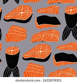 Salmão fresco saboroso fatiado. Filete cru na pele, pedaços de peixe vermelho, fatias de sashimi, bife, cauda. Desenhado à mão na moda ilustração Vetor. Estilo moderno exclusivo. Conceito de comida saudável. Padrão sem emenda quadrado