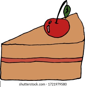 Sliced tasty slice of cream cake with fresh berries. Contour vector illustration. Separate on a white background. Cute element for greeting cards, posters, stickers and seasonal design.