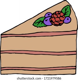 Sliced tasty slice of cream cake with fresh berries. Contour vector illustration. Separate on a white background. Cute element for greeting cards, posters, stickers and seasonal design.