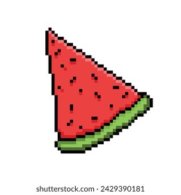 Sliced tiriangle red watermelon fruit. Pixel bit retro game styled vector illustration drawing. Simple flat healthy fruits cartoon art isolated on square background.