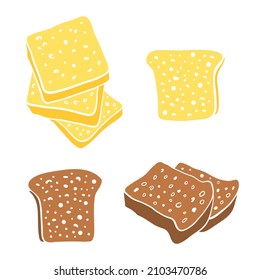 Pan tostado en rebanadas. Colorida colección de artículos horneados cortados en papel aislados en fondo blanco. Iconos de productos de panadería dibujados a mano con doodle. Ilustración del vector