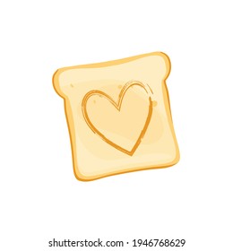 Sliced toast bread with shaped heart isolated on white. Toast top view. Single slice of lightly toasted white bread. Vector