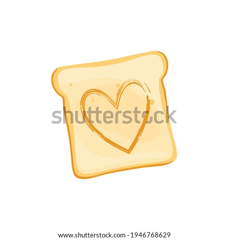 Sliced toast bread with shaped heart isolated on white. Toast top view. Single slice of lightly toasted white bread. Vector