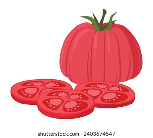 Sliced tomato. Cartoon red tomato cut into slices, fresh juicy vegetable flat vector illustration. Tasty sliced tomato on white background