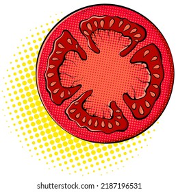 Sliced tomato circle illustration. Vegetable close up. Vector bright colored halftone print in Pop Art style. Retro cartoon comic style. Design for stickers, poster. Eco food