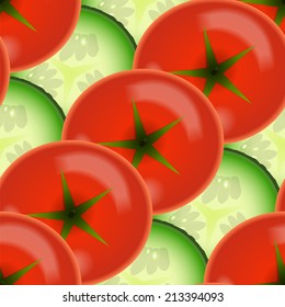 Sliced tomato and cucumber vegetables. Design seamless colorful pattern. Vector art. EPS10