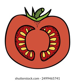 Sliced tomato flat. Harvest ripe fruits. Vegetables garden. Hand drawn vector doodle illustration.