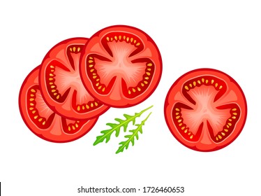 Sliced tomato isolated over white background. Realistic red slices of tomato and arugula leaves. Ripe vegetable, round pieces for salad or other healthy meal. Vector illustration, easy to edit.