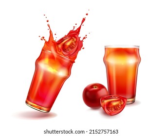 Sliced tomatoes and glass with tomato juice and splash realistic vector illustration isolated on white background. Fresh pomodoro drink, raw organic beverage