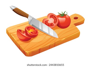 Sliced tomatoes with knife on wooden cutting board. Vector illustration isolated on white background