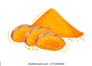 Sliced Turmeric Rhizome with Pile of Milled Root Vector Illustration