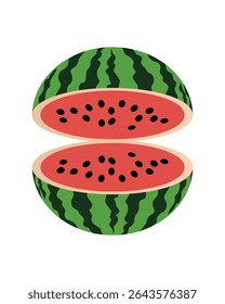 A sliced vector illustration of a watermelon. This fresh fruit design is a graphic icon for healthy food, sweet dessert, and summer deliciousness.