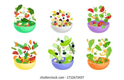 Sliced Vegetable and Fruit Salad Ingredients Falling Down in the Bowl Vector Set