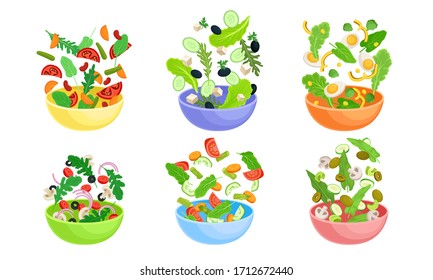 Sliced Vegetable Salad Ingredients Falling Down in the Bowl Vector Set