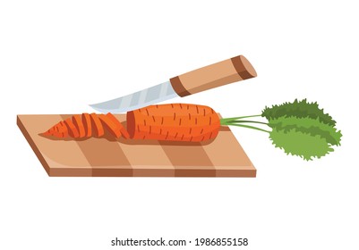 Verdura rebanada. Cortando zanahoria por cuchillo. Sobre una mesa de madera aislada de fondo blanco. Prepárate para cocinar. Nutrición fresca cortada en caricatura de estilo plano