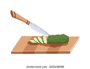 Sliced vegetable. Slicing cucumber by knife. Cutting on wooden board isolated on white background. Prepare to cooking. Chopped fresh nutrition in cartoon flat style
