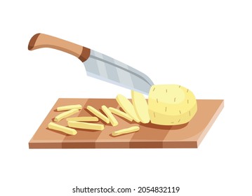 Sliced vegetable. Slicing potato by knife. Cutting on wooden board isolated on white background. Prepare to cooking. Chopped fresh nutrition in cartoon flat style