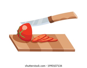 Sliced vegetable. Slicing tomato by knife. Cutting on wooden board isolated on white background. Prepare to cooking. Chopped fresh nutrition in cartoon flat style