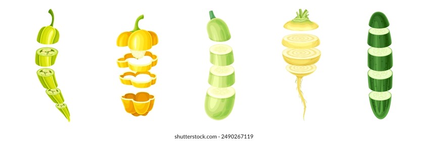 Vertical de verduras en rodajas con piezas cortadas Juego de Vector