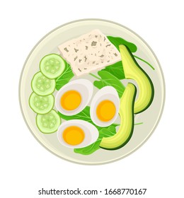 Geschnittenes Gemüse und gekochtes Ei, auf Tafeln serviert mit Illustration zur Vektorillustration der Pflanzen