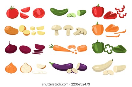 Sliced vegetables. Cartoon whole chopped green organic food, natural ingredients carrot cucumber onion tomato pepper flat style. Vector isolated set. Vegetarian products collection