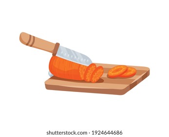 Sliced vegetables composition with view of sliced carrot on wooden carving board with knife vector illustration