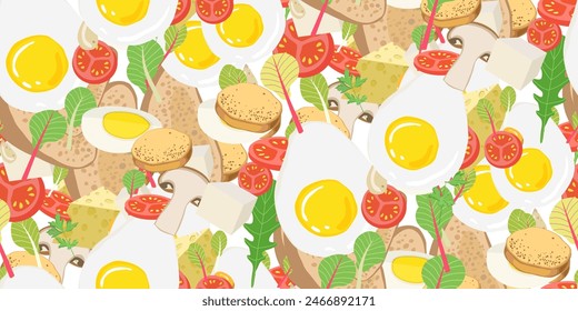 Sliced vegetables, egg, bread, greens, scrambled egg to create sandwiches. Appetizer food on white seamless pattern. Snacks. Healthy and tasty food ideas. Dishes for keeping fit. Vector illustration