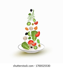 Geschnittenes Gemüse, das in eine Salatschüssel fällt.Eine Reihe von Elementen zum Kochen. Gemüse in Stücken, Kräuter. Vektorillustration. Das Konzept des Kochens