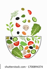 Sliced vegetables falling into a salad bowl. A set of elements for cooking. Vegetables in pieces, herbs. Vector illustration. The concept of cooking