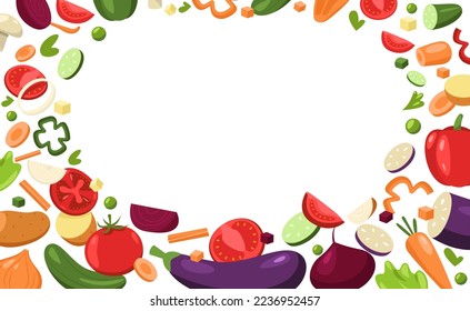 Sliced vegetables framing. Cartoon chopped fresh pepper onion eggplant mushroom cucumber tomato, pieces of vegetables for cooking. Vector healthy food frame banner. Organic grocery products