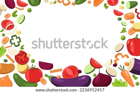 Sliced vegetables framing. Cartoon chopped fresh pepper onion eggplant mushroom cucumber tomato, pieces of vegetables for cooking. Vector healthy food frame banner. Organic grocery products