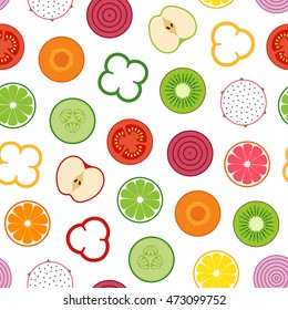 Sliced of vegetables and fruits pattern on white background