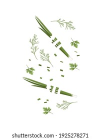 Sliced vegetables with green onion and herbs colored food icons for cooking vector illustration isolated on white background