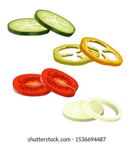 Sliced vegetables images: cucumber, tomato, pepper and onion. Vector illustration isolated on white background