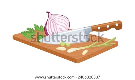 Sliced vegetables with knife on cutting board. Cooking concept. Vector cartoon illustration.