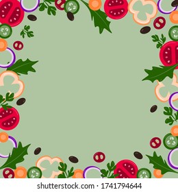 Sliced vegetables lie on the edge of the image and in the center of the free space.