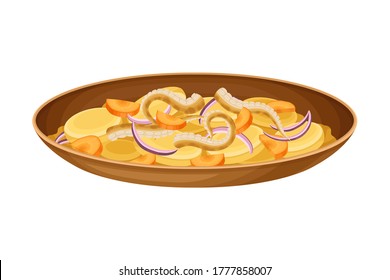 Sliced Vegetables with Octopus as Brazilian Cuisine Dish Vector Illustration