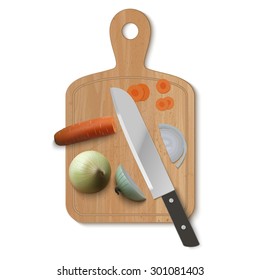 Sliced vegetables on a cutting board with knife. Vector illustration.