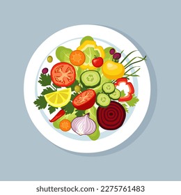 Sliced ​​fresh vegetables on a plate on a blue background.