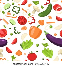 Sliced vegetables pattern. Seamless print of chopped natural healthy green products cartoon flat style, vegan vegetarian backdrop for textile wrapping. Vector texture. Raw veggies as tomato, eggplant