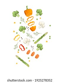 Sliced vegetables with pepper asparagus and herbs colored food icons for cooking vector illustration isolated on white background