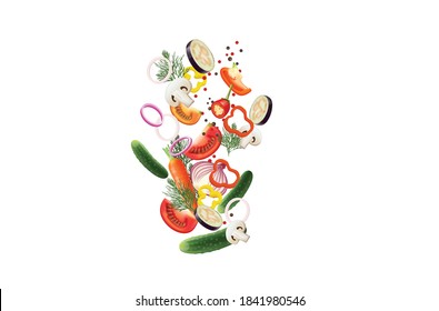 Sliced vegetables realistic concept with tomato pepper and onion vector illustration