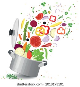 Sliced vegetables in saucepan with lid. Kitchen utensil. Vector illustration cartoon flat icon isolated on white background.