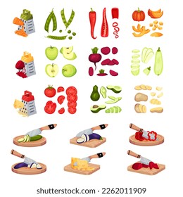 Sliced vegetables set. Onion, carrot, avocado, tomato, eggplant, ginger, pepper, cheese. Vegetarian salad ingredients vector illustration