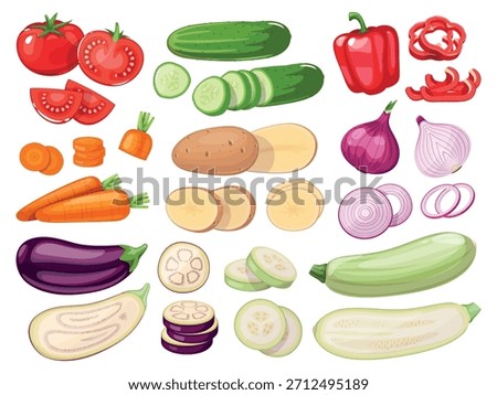 Sliced vegetables. Whole and cut tomato, cucumber and potato, pepper and eggplant, farm natural products, organic food, salad ingredients cartoon flat style isolated illustration classy vector set